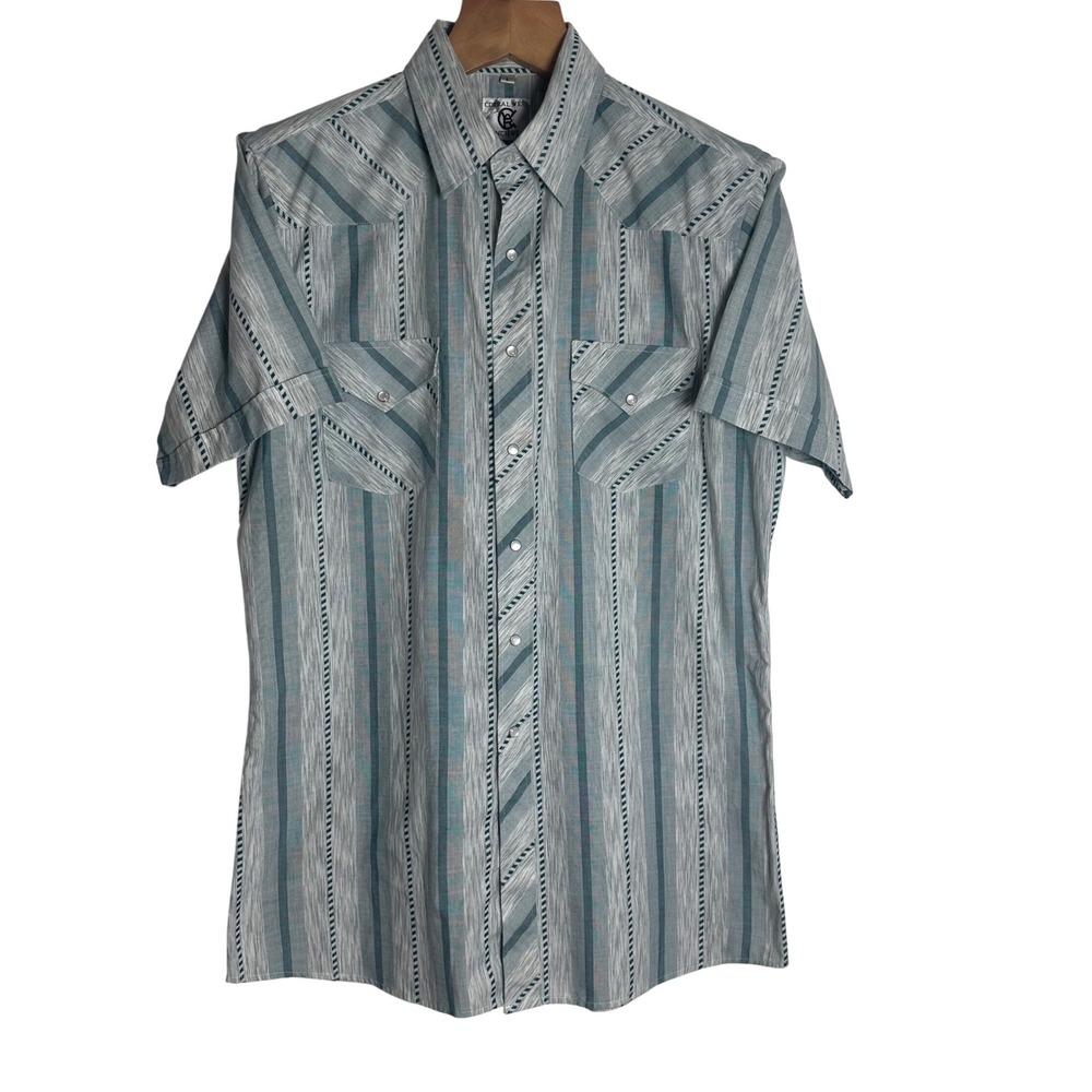 Corral West Ranchwear Mens Large Blue Striped Short Sleeve Pearl Snap Shirt